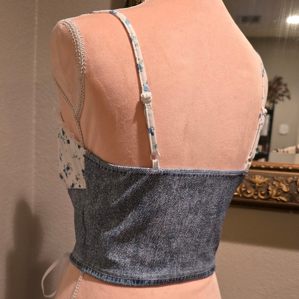 Floral Denim Blue Corset Top W/Bows - Picture 3 of 4